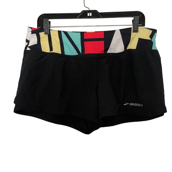 Brooks Womens Running Shorts With Inner Liner Black & Multicolor Geometric Waist - Picture 1 of 4